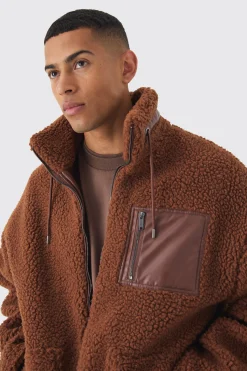 Borg Funnel Neck Pu Pocket Jacket In Tan | BoohooMAN UK