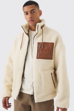 Borg Funnel Neck Pu Pocket Jacket In Ecru | BoohooMAN UK