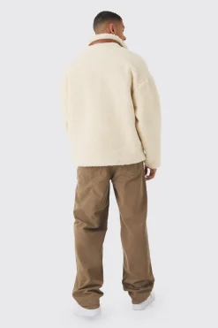 Borg Funnel Neck Pu Pocket Jacket In Ecru | BoohooMAN UK
