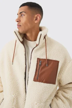 Borg Funnel Neck Pu Pocket Jacket In Ecru | BoohooMAN UK