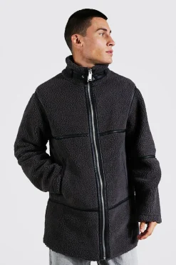 Borg Longline Leather Look Trim Funnel Neck | BoohooMAN UK