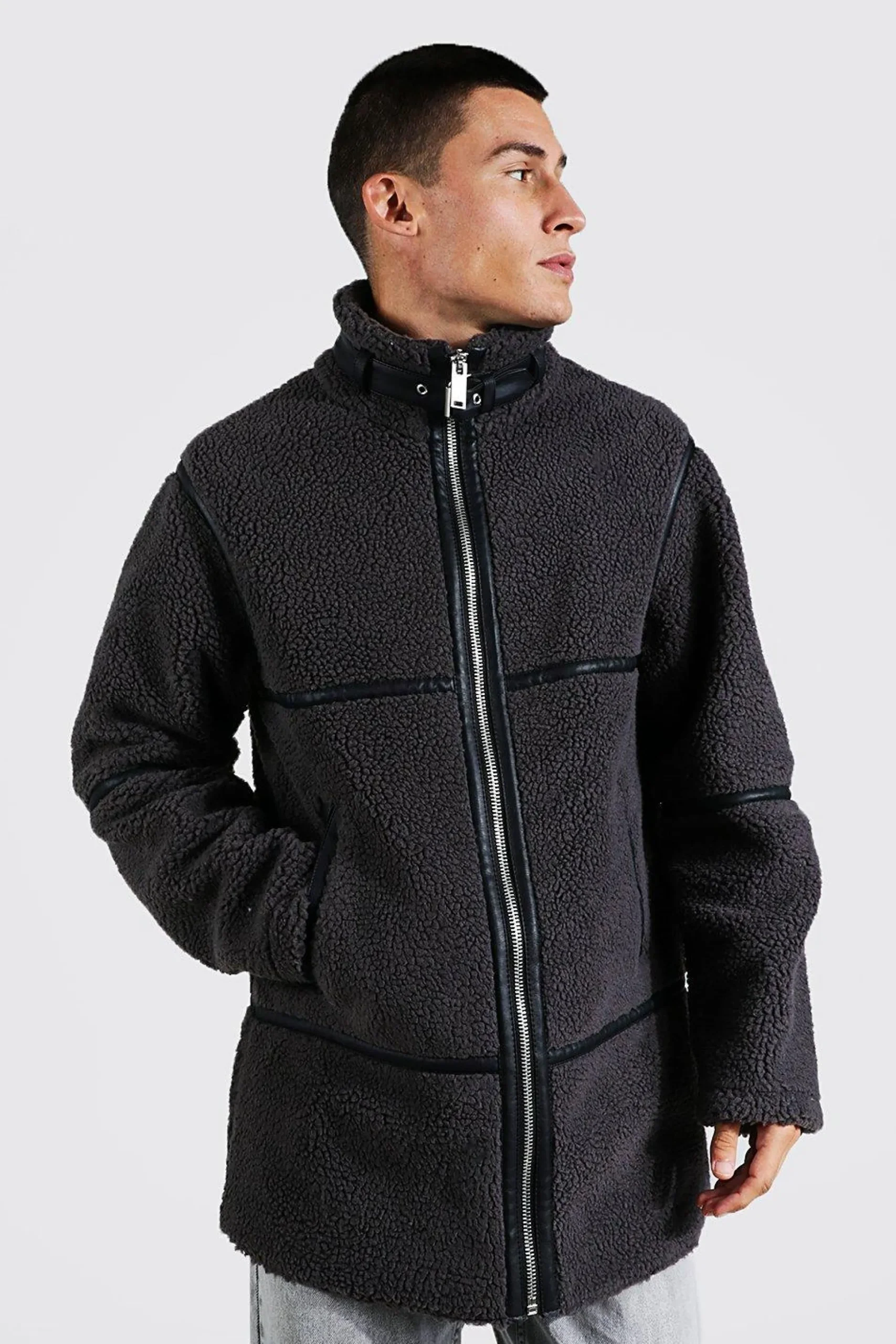Borg Longline Leather Look Trim Funnel Neck | BoohooMAN UK