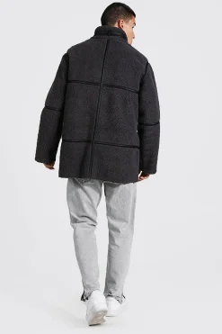 Borg Longline Leather Look Trim Funnel Neck | BoohooMAN UK