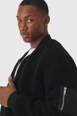 Borg Ma1 Bomber Jacket In Black | BoohooMAN UK