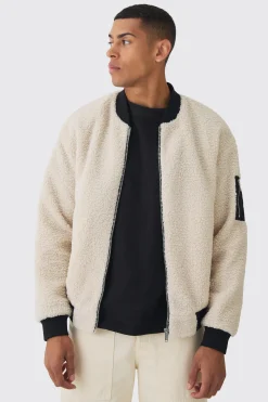 Borg Ma1 Bomber Jacket In Ecru | BoohooMAN UK