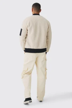 Borg Ma1 Bomber Jacket In Ecru | BoohooMAN UK