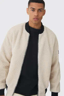 Borg Ma1 Bomber Jacket In Ecru | BoohooMAN UK