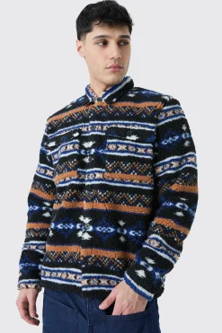 Borg Patch Pocket Aztec Overshirt | BoohooMAN UK