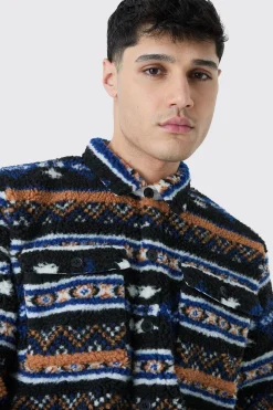 Borg Patch Pocket Aztec Overshirt | BoohooMAN UK