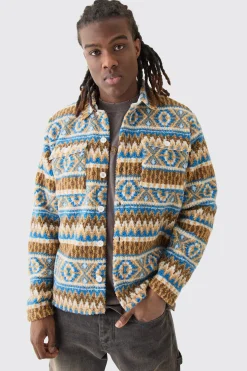 Borg Patch Pocket Stripe Aztec Overshirt | BoohooMAN UK