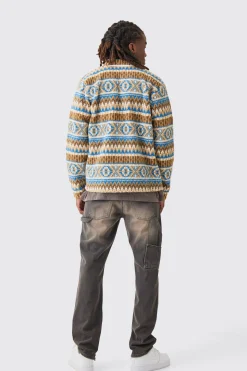 Borg Patch Pocket Stripe Aztec Overshirt | BoohooMAN UK