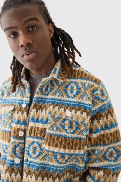 Borg Patch Pocket Stripe Aztec Overshirt | BoohooMAN UK