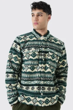 Borg Patch Pocket Teal Aztec Overshirt | BoohooMAN UK