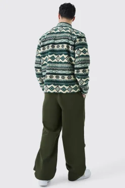 Borg Patch Pocket Teal Aztec Overshirt | BoohooMAN UK