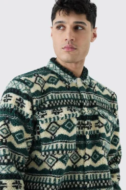 Borg Patch Pocket Teal Aztec Overshirt | BoohooMAN UK