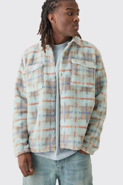 Borg Patch Pocket Tonal Check Overshirt | BoohooMAN UK