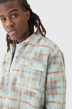 Borg Patch Pocket Tonal Check Overshirt | BoohooMAN UK