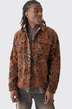 Borg Patch Pocket Tonal Paisley Overshirt | BoohooMAN UK