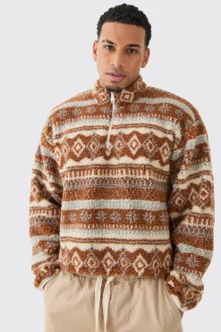 Borg Quarter Zip Aztec Shirt | BoohooMAN UK