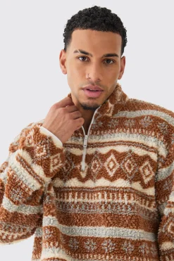 Borg Quarter Zip Aztec Shirt | BoohooMAN UK