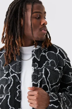 Borg Squiggle Boxy Overshirt | BoohooMAN UK
