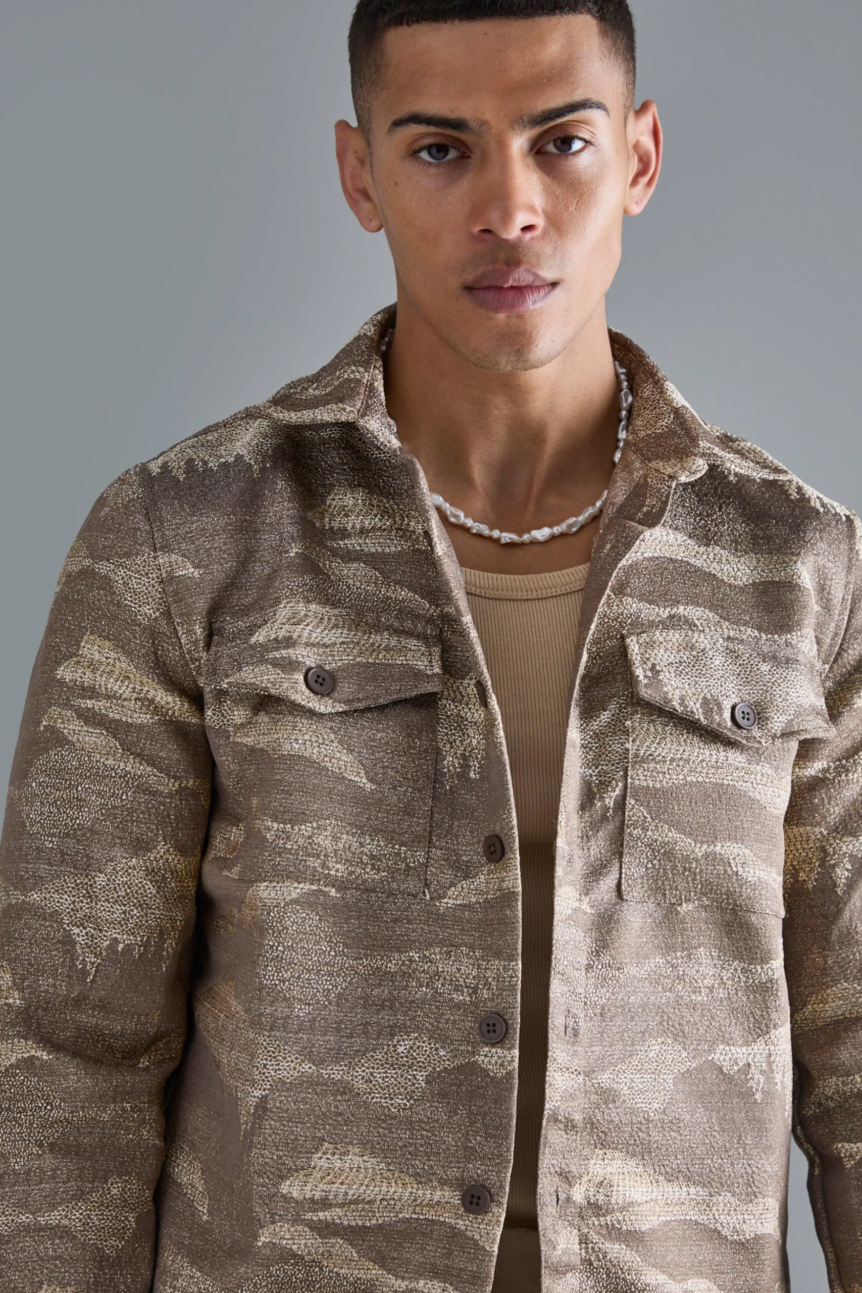 Boucle Tonal Camo Patch Pocket Overshirt | BoohooMAN UK