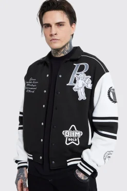 Boxy 13 Applique Jersey Varsity Harrington Jacket | BoohooMAN UK