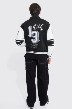 Boxy 13 Applique Jersey Varsity Harrington Jacket | BoohooMAN UK