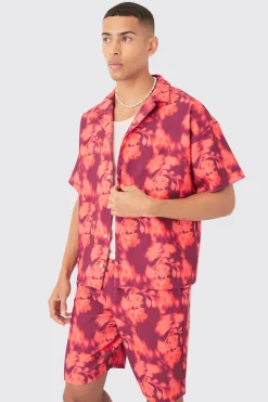 Boxy Abstract Floral Printed Pleated Shirt & Short Set | BoohooMAN UK