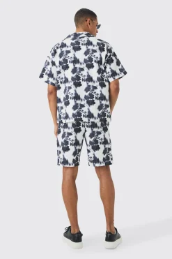 Boxy Abstract Floral Printed Pleated Shirt & Short | BoohooMAN UK