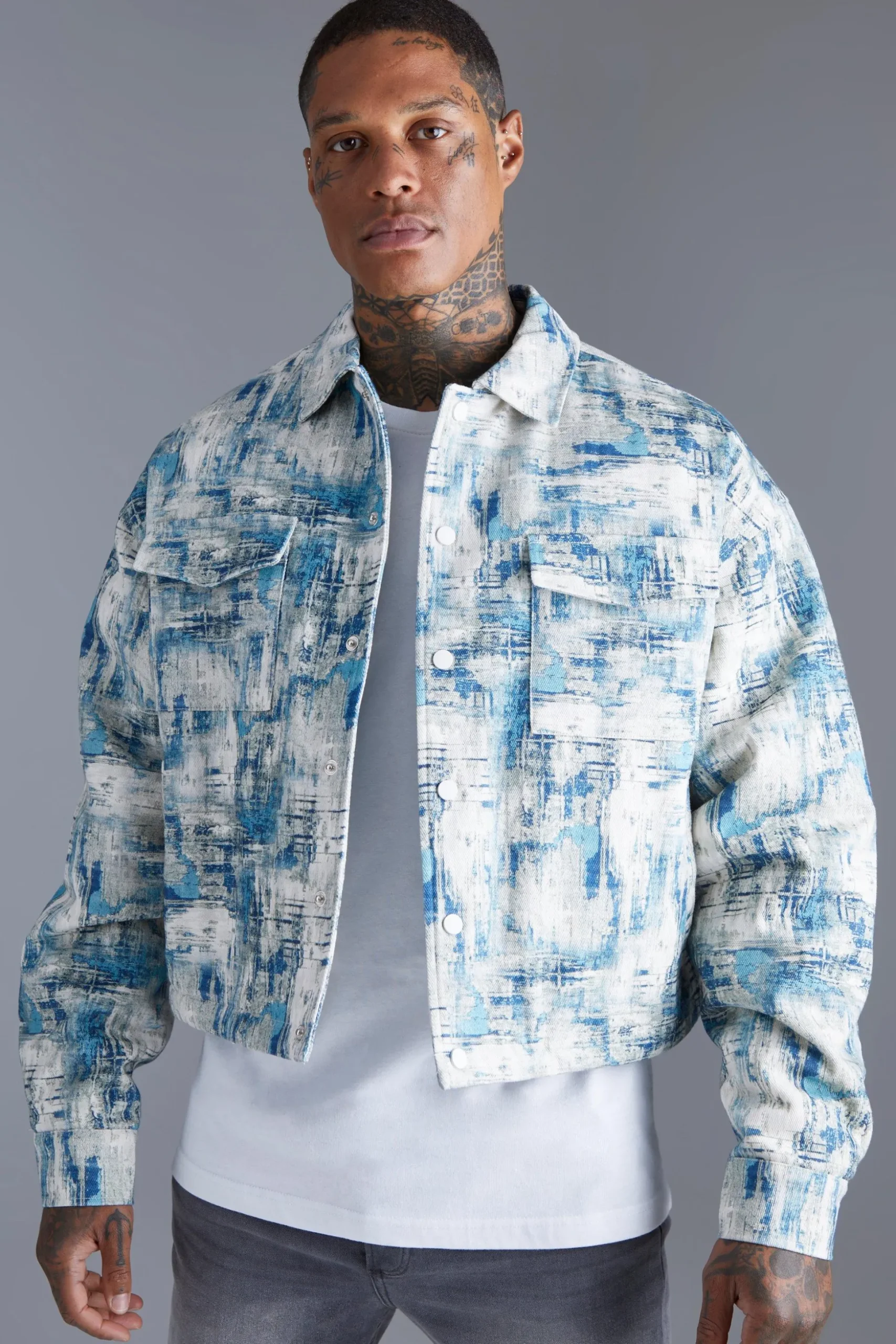 Boxy Abstract Jacquard Harrington | BoohooMAN UK