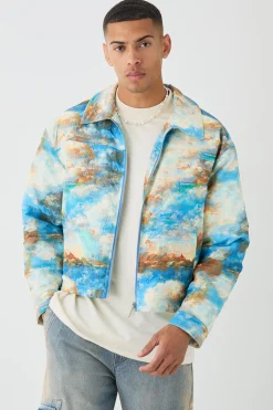 Boxy Abstract Print Harrington Jacket In Blue | BoohooMAN UK