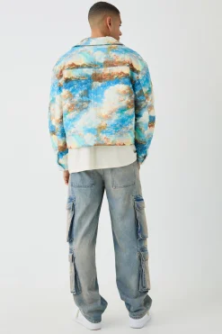 Boxy Abstract Print Harrington Jacket In Blue | BoohooMAN UK