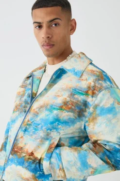 Boxy Abstract Print Harrington Jacket In Blue | BoohooMAN UK