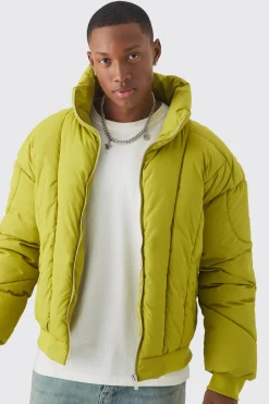 Boxy Abstract Quilted Funnel Neck Puffer In Lime | BoohooMAN UK