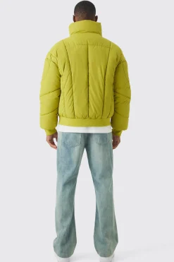 Boxy Abstract Quilted Funnel Neck Puffer In Lime | BoohooMAN UK