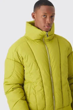 Boxy Abstract Quilted Funnel Neck Puffer In Lime | BoohooMAN UK