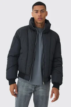 Boxy Abstract Quilted Funnel Neck Puffer In Black | BoohooMAN UK