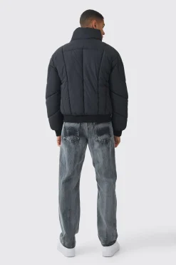 Boxy Abstract Quilted Funnel Neck Puffer In Black | BoohooMAN UK