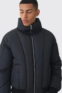 Boxy Abstract Quilted Funnel Neck Puffer In Black | BoohooMAN UK
