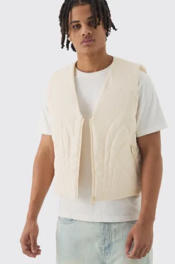 Boxy Abstract Quilted Gilet In Ecru | BoohooMAN UK