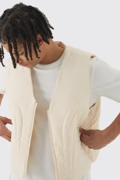 Boxy Abstract Quilted Gilet In Ecru | BoohooMAN UK