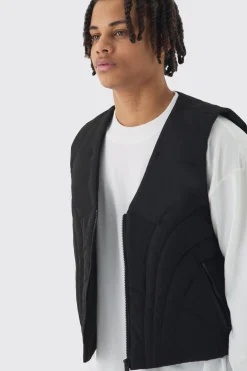 Boxy Abstract Quilted Gilet In Black | BoohooMAN UK
