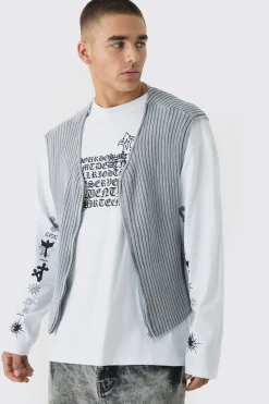 Boxy Acid Wash Ribbed Knit Gilet In Grey | BoohooMAN UK