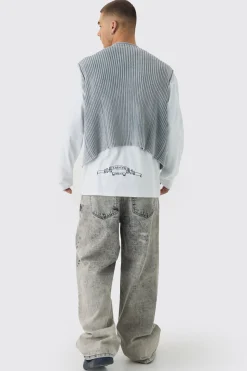 Boxy Acid Wash Ribbed Knit Gilet In Grey | BoohooMAN UK