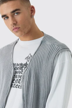 Boxy Acid Wash Ribbed Knit Gilet In Grey | BoohooMAN UK