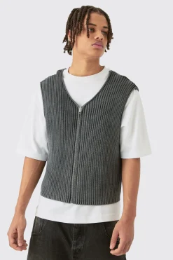 Boxy Acid Wash Ribbed Knit Gilet In Black | BoohooMAN UK