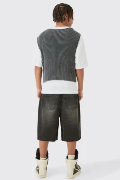 Boxy Acid Wash Ribbed Knit Gilet In Black | BoohooMAN UK