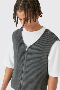Boxy Acid Wash Ribbed Knit Gilet In Black | BoohooMAN UK