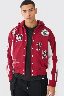Boxy Applique Tape Detail Jersey Varsity Jacket | BoohooMAN UK